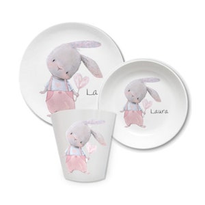 Kinderteller mit Namen, personalisiertes Kindergeschenk, Taufgeschenk, Taufe, Erster Geburtstag, Kindergeschirr Set Melamin, Hase, Maus Hase Herz Rosa