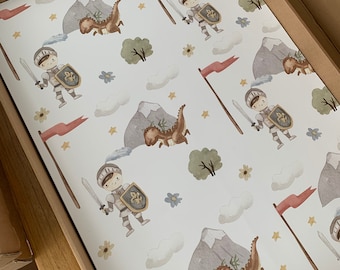 Wrapping paper knight children birthday dragon, wrapping paper children