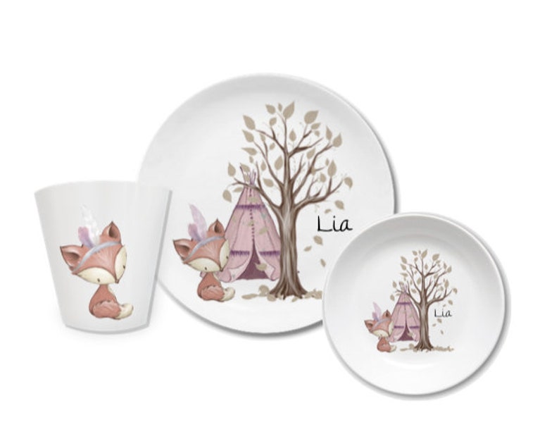 Assiette pour enfants avec nom, cadeau personnalisé pour enfants, cadeau de baptême, baptême, premier anniversaire, vaisselle pour enfants en mélamine, renard, licorne rose image 2