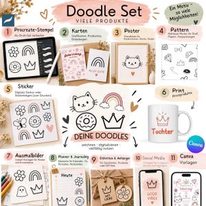 May include: A digital doodle set featuring eleven examples of creative applications including Procreate brushes, greeting cards, posters, patterns, stickers, mugs, colouring pages, planners, gift tags, social media posts, and Canva templates.