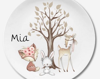 Kinderteller mit Namen, personalisiertes Kindergeschenk, Taufgeschenk, Geschenk, Erster Geburtstag, Kindergeschirr Set Melamin, Fuchs, Hase