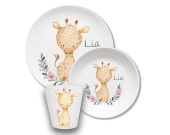 Children's plate with name, personalised, name, christening gift, gift christening, first birthday, children's tableware set melamin giraffe