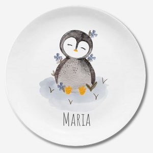 Plato infantil con nombre, regalo infantil personalizado, regalo de bautizo, regalo, oso ratón 1er cumpleaños, vajilla infantil melamina, pingüino Pinguin