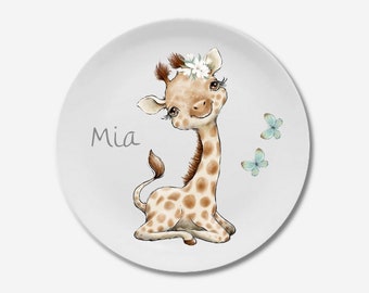 Kinderteller mit Namen, personalisiertes Kindergeschenk, Taufgeschenk, Taufe, Erster Geburtstag, Kindergeschirr Set Melamin, Giraffe