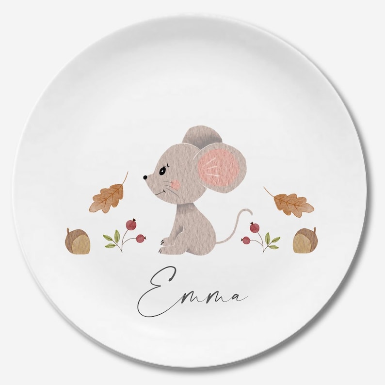 Assiette pour enfants avec nom, cadeau personnalisé pour enfants, cadeau de baptême, baptême, premier anniversaire, vaisselle pour enfants en mélamine, renard, licorne rose Herbst Maus