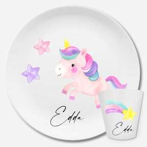 Assiette pour enfants avec nom, cadeau personnalisé pour enfants, cadeau de baptême, baptême, premier anniversaire, vaisselle pour enfants en mélamine, renard, licorne rose Einhorn