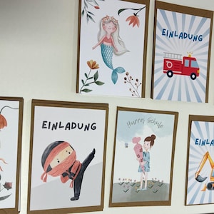 Einladungskarte Kindergeburtstag Set Fee  Ninja Taufe Meerjungfrau Bagger Feuerwehr Ritter Prinzessin Einschulung