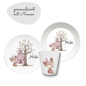 Assiette pour enfants avec nom, cadeau personnalisé pour enfants, cadeau de baptême, baptême, premier anniversaire, vaisselle pour enfants en mélamine, renard, licorne rose Fuchs rosa