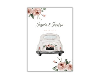 personalisiertes Bild Hochzeit, Geldgeschenk Hochzeit, Hochzeitsgeschenk, Poster Auto Hochzeit mit Namen. Poster Hochzeit Jahrestag