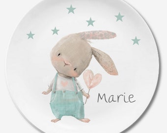 Kinderteller mit Namen, personalisiertes Kindergeschenk, Taufgeschenk, Taufe, Erster Geburtstag, Kindergeschirr Set Melamin, Hase