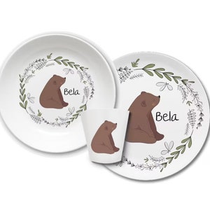 Children's dishes set with name bear Bär braun