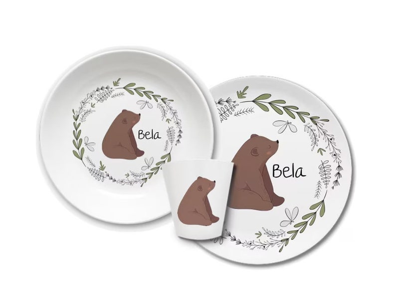 Children's dishes set with name bear Bär braun