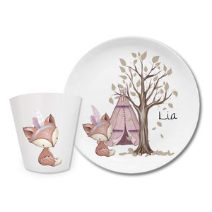 Assiette pour enfants avec nom, cadeau personnalisé pour enfants, cadeau de baptême, baptême, premier anniversaire, vaisselle pour enfants en mélamine, renard, licorne rose image 3