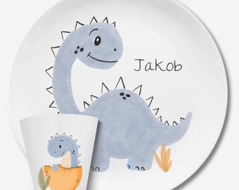 Kinderteller mit Namen, personalisiertes Kindergeschenk, Taufgeschenk, Geschenk, Erster Geburtstag, Kindergeschirr Set Melamin, Dino Baby