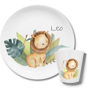 Kinderteller mit Namen, personalisiertes Kindergeschenk, Taufgeschenk, Geschenk, Erster Geburtstag, Kindergeschirr Set Melamin, Löwe 2-teiliges Set