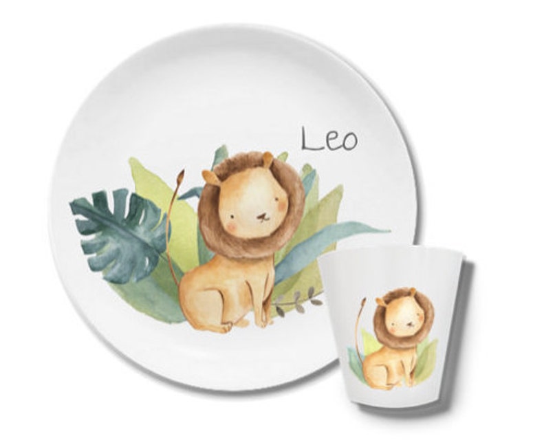 Kinderteller mit Namen, personalisiertes Kindergeschenk, Taufgeschenk, Geschenk, Erster Geburtstag, Kindergeschirr Set Melamin, Löwe 2-teiliges Set