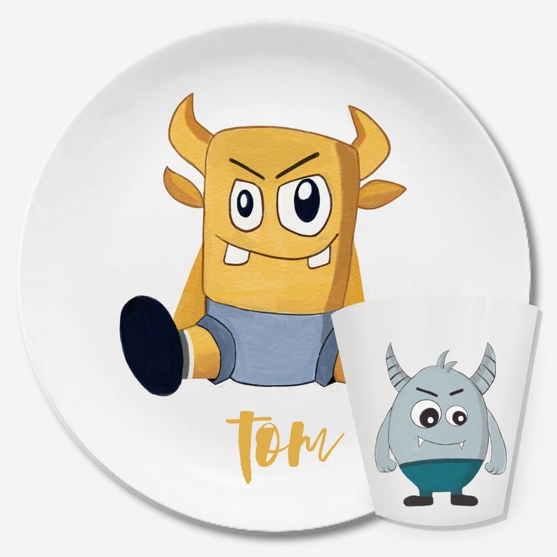 Children's plate with name Monster gemischt