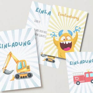 Bagger, Feuerwehr, Ninja, Einhorn mit Umschlag, Einladungskarten Kindergeburtstag, Karte mit Umschlag Party Mottoparty Monsterparty Monster