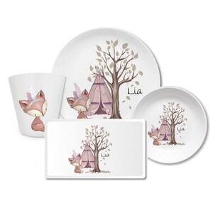 Assiette pour enfants avec nom, cadeau personnalisé pour enfants, cadeau de baptême, baptême, premier anniversaire, vaisselle pour enfants en mélamine, renard, licorne rose image 4