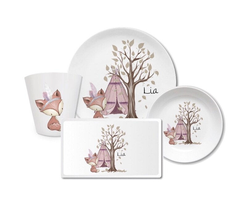 Assiette pour enfants avec nom, cadeau personnalisé pour enfants, cadeau de baptême, baptême, premier anniversaire, vaisselle pour enfants en mélamine, renard, licorne rose image 4