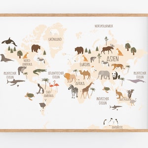 World Map Kids Animals World Kinderzimmer Dekor, Babyzimmer, Wanddekoration, Waldtiere Bilder mit Namen