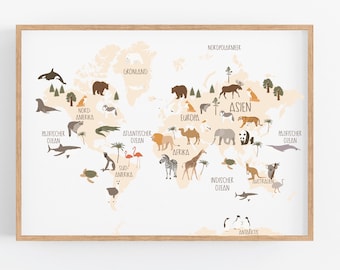 World Map Kids Animals World Kinderzimmer Dekor, Babyzimmer, Wanddekoration, Waldtiere Bilder mit Namen