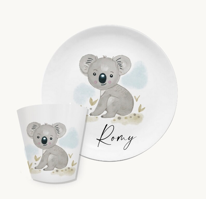 Kinderteller mit Namen, personalisiertes Kindergeschenk, Taufgeschenk, Taufe, Erster Geburtstag, Kindergeschirr Set Melamin, Hase rosa Koala