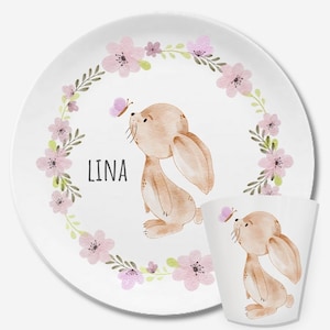 Children's dishes set with name rabbit girl pink