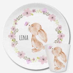Kinderteller mit Namen, personalisiertes Kindergeschenk, Taufgeschenk, Taufe, Erster Geburtstag, Kindergeschirr Set Melamin, Hase rosa