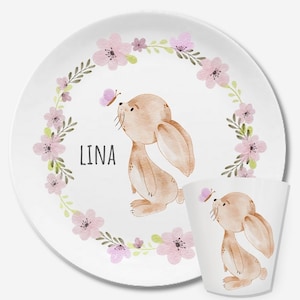 Kinderteller mit Namen, personalisiertes Kindergeschenk, Taufgeschenk, Taufe, Erster Geburtstag, Kindergeschirr Set Melamin, Hase rosa Hase