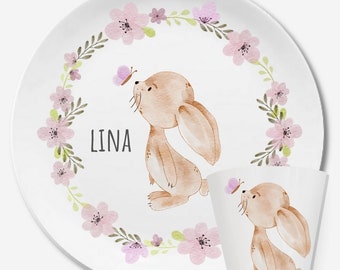 Children's dishes set with name rabbit girl pink