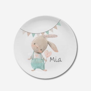 Kinderteller mit Namen, personalisiertes Kindergeschenk, Taufgeschenk, Taufe, Erster Geburtstag, Kindergeschirr Set Melamin, Hase, Maus Hase Herz Girlande