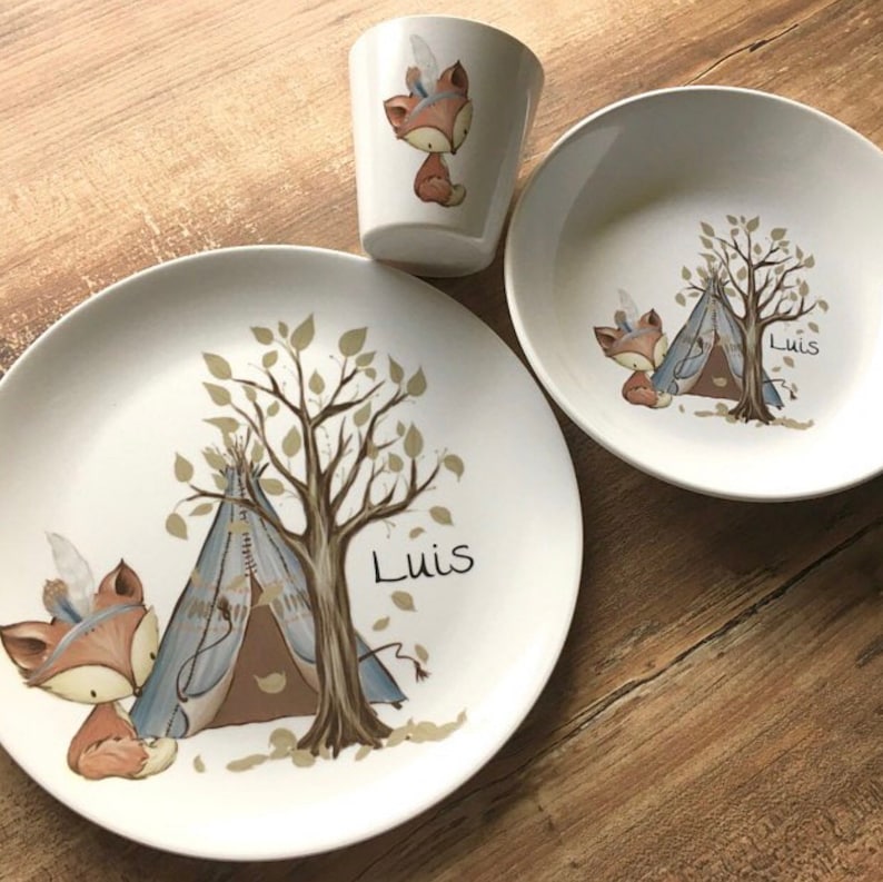 Kinderteller mit Namen, personalisiertes Kindergeschenk, Taufgeschenk, Geschenk, Erster Geburtstag, Kindergeschirr Set Melamin, Fuchs Bild 1