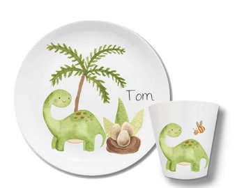 Kinderteller mit Namen, personalisiert, Name, Taufgeschenk, Geschenk Taufe, Erster Geburtstag, Kindergeschirr Set Melamin, Dino, Dinosaurier