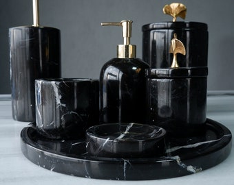 Set da bagno da 7 pezzi in marmo nero naturale - Accessori da bagno realizzati a mano, 100% pietra naturale