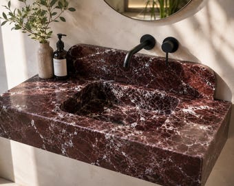 Rosso Levanto Marble Sink, Burgundy Red Floating Vanity Sink, Luxury Wall Mounted Stone Bathroom Sink with Backsplash