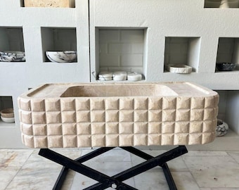 Lavabo de piedra travertino, lavabo doble tallado a mano, decoración de baño natural con textura.