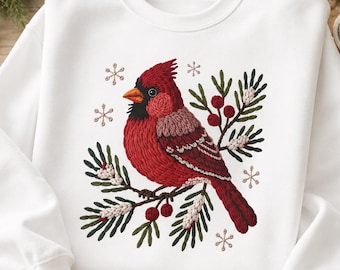 Sudadera navideña con estampado de cardenal y lana, jersey de invierno con estampado de pájaro y lana sintética, suéter navideño acogedor con aspecto artesanal para mujer.