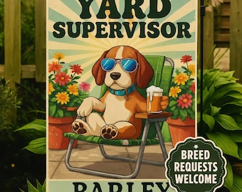 Bandera de jardín personalizada de Beagle, divertida bandera de otoño, nombre personalizado, letrero para amantes de los perros, amantes de la cerveza, decoración de jardín para mamás de perros, pancarta de 12 x 18 pulgadas