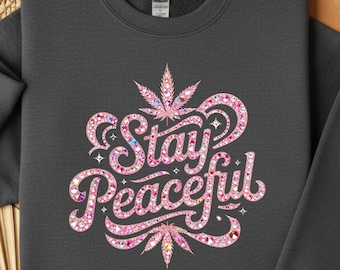 Sudadera Peaceful Vibes con imitación de diamantes de imitación, jersey de fumeta, cuello redondo estilo hippie con hojas de marihuana, manifestante pacífico, rosa acogedor