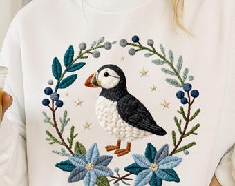 Winter Puffin Faux Yarn Art Sweatshirt for Women, FAUX Embroidery, Cozy Bird Lover Top, Nordic Wildlife Sweatshirt
