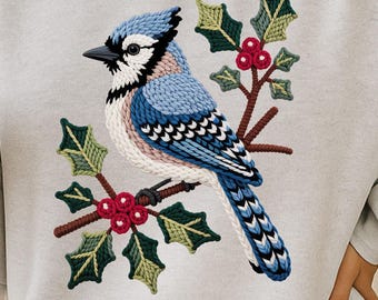FAUX Yarn Art Blue Jay Holly Sweatshirt, Winter Bird Nature Pullover, Cottagecore Christmas Wildlife Shirt for Women, Holiday Sweater