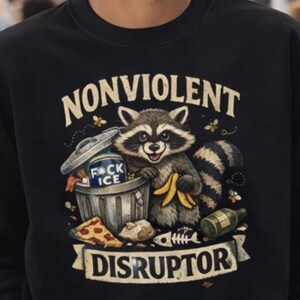 May include: Black sweatshirt with a graphic of a raccoon holding bananas next to a bin. The text on the sweatshirt reads "NONVIOLENT DISRUPTOR" and "F*CK ICE".