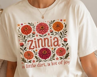 Zinnia Flower Shirt, Gardener Floral Tee, Cottagecore Garden Shirt, Botanical Bloom Graphic Top, Nature Lover Comfort Colors
