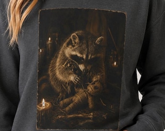 Witchy Raccoon Sweatshirt, Vintage Halloween Crewneck, Creepy Raccoon Shirt, Gothic Cottagecore Animal, Spooky Fall Gift