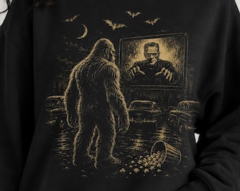 Bigfoot Drive In Sweatshirt, Vintage Horror Cryptid Crewneck, Sasquatch Monster Movie Shirt, Spooky Halloween Sweatshirt