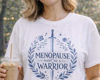 Koszulka z motywem wojownika menopauzy dla kobiet, koszulka dodająca sił w średnim wieku, koszulka z humorem o menopauzie, kwiatowy wzór miecza, wygodne kolory