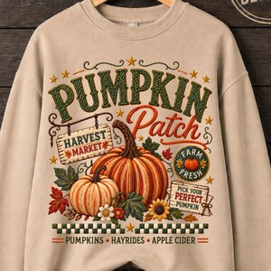 Sudadera con bordado de calabaza de imitación, suéter vintage de campo de calabazas, jersey de mercado de cosecha de otoño, camisa de granja de otoño