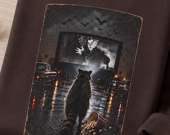 Sudadera vintage de mapache para Halloween, sudadera de cuello redondo de mapache para autocine espeluznante, gráfico retro de animales de terror, mapache de Halloween