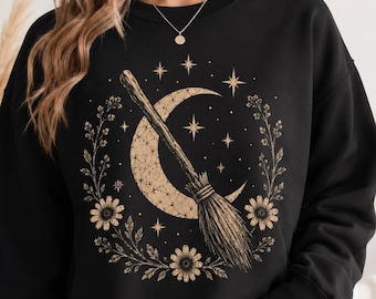 Sudadera con diseño de escoba de bruja, sudadera con cuello redondo Luna Celestial, sudadera de bruja botánica, sudadera vintage estilo Witchcore para Halloween.